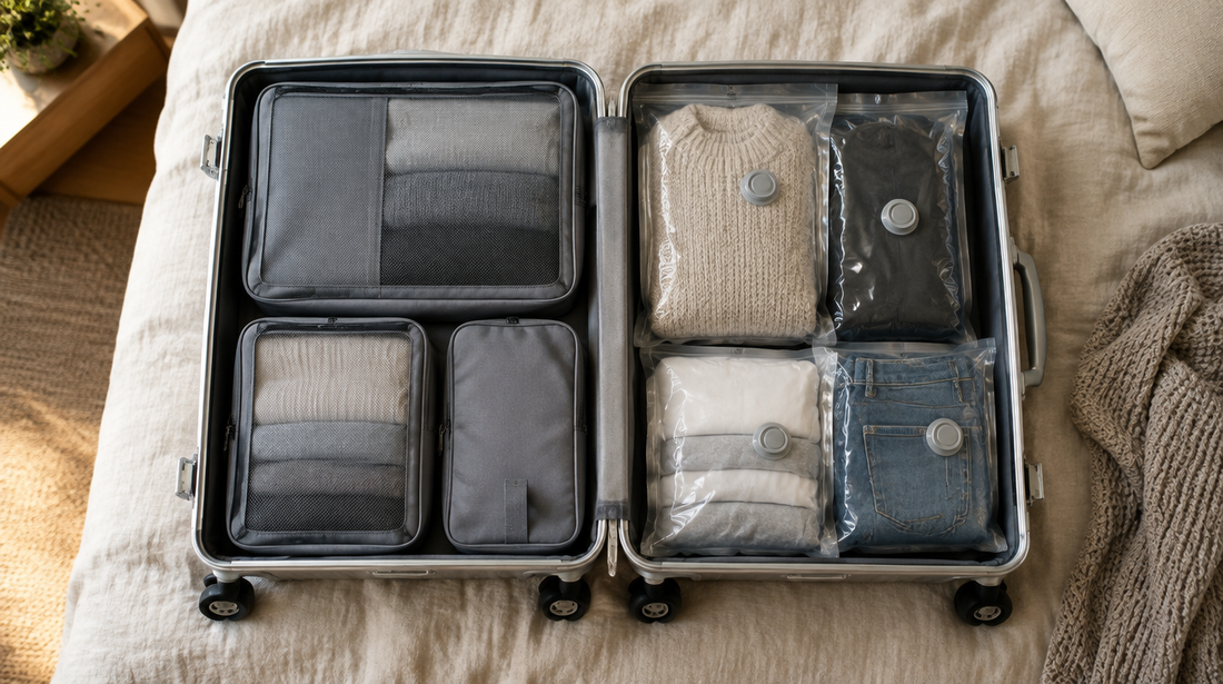 Open aluminium koffer met netjes ingepakte packing cubes en vacuümzakken