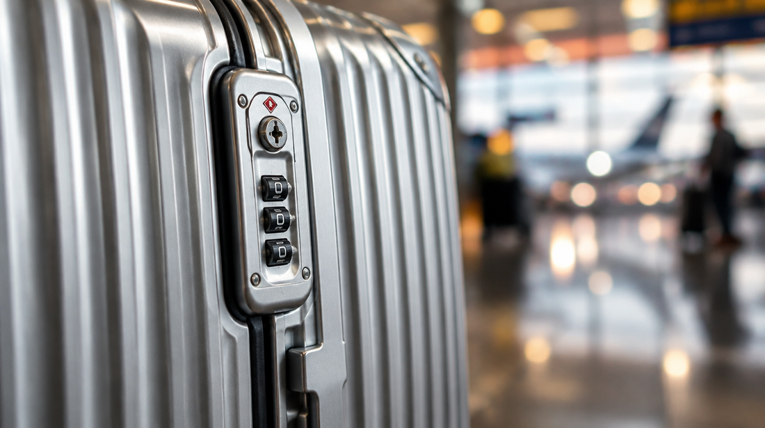 Gros plan sur la serrure à code TSA d’une valise en aluminium