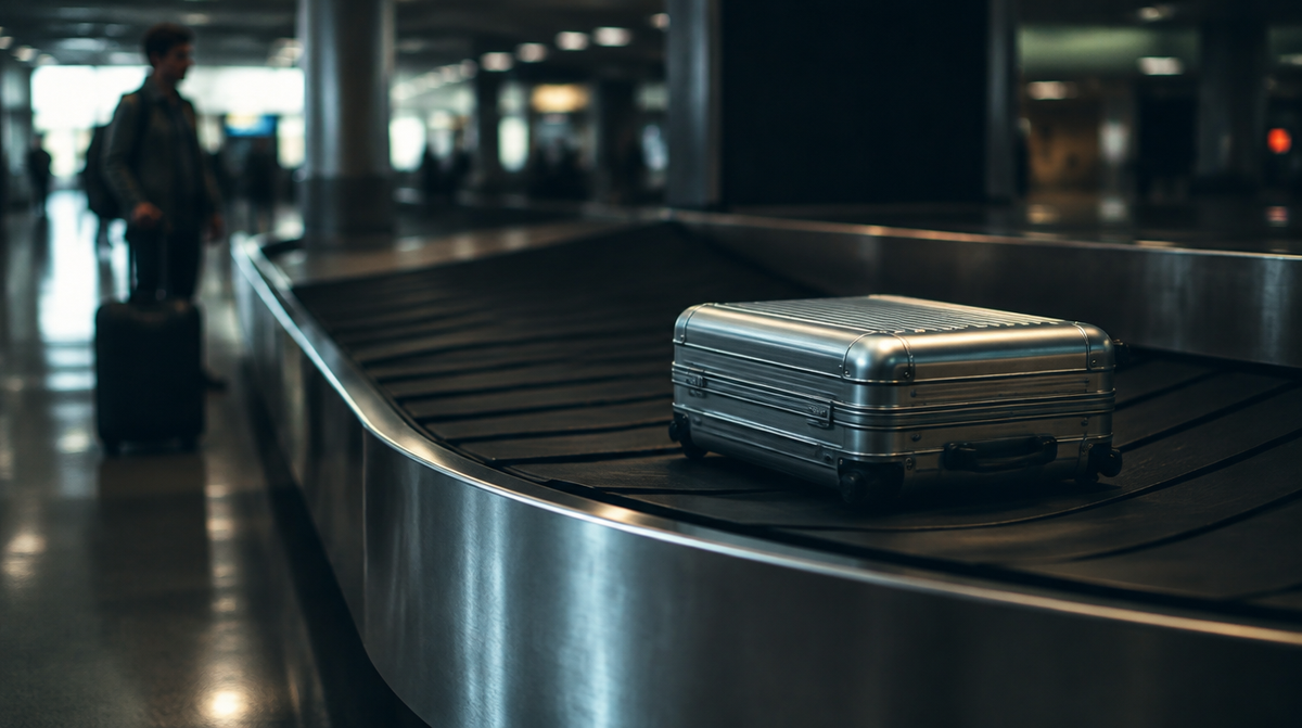 Single aluminium suitcase on an airport baggage carousel