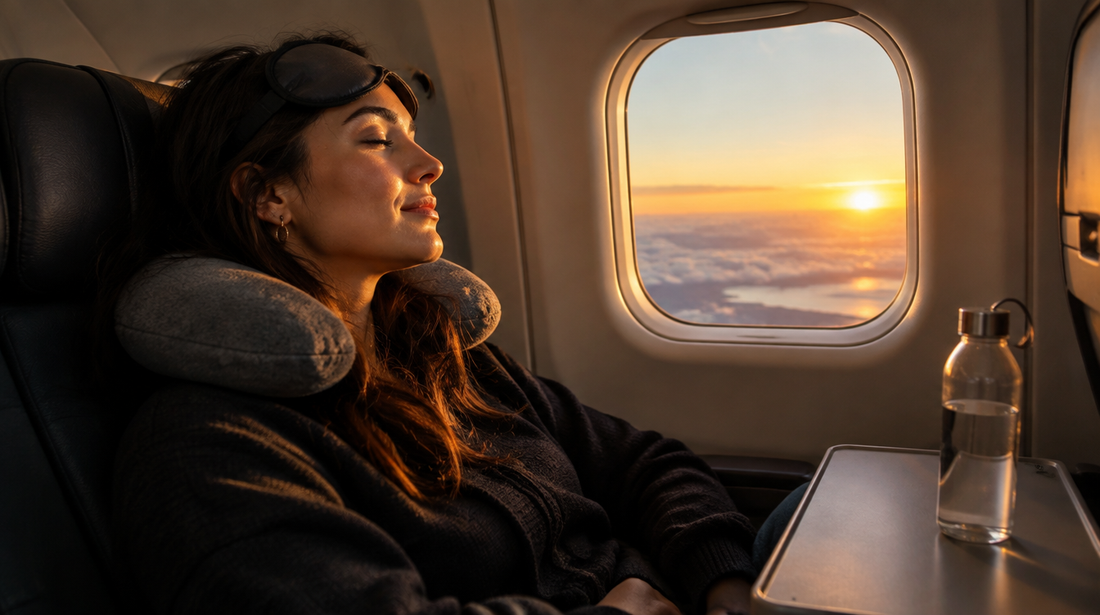 Traveller resting by an aircraft window at sunrise on a long-haul flight