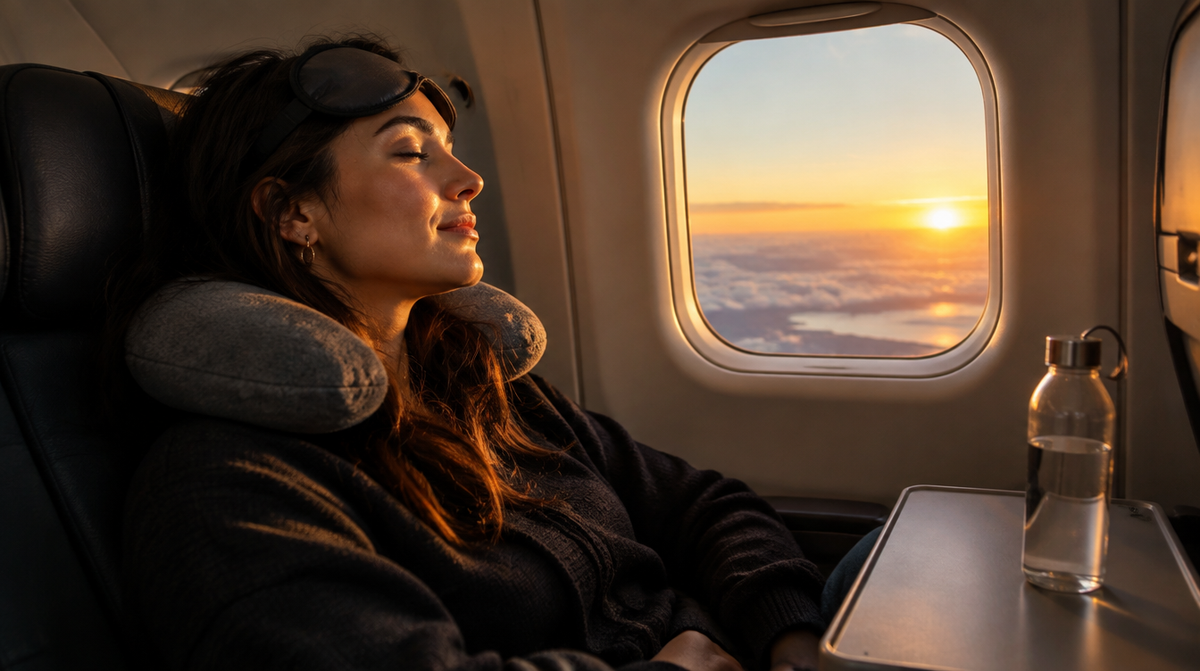 Traveller resting by an aircraft window at sunrise on a long-haul flight
