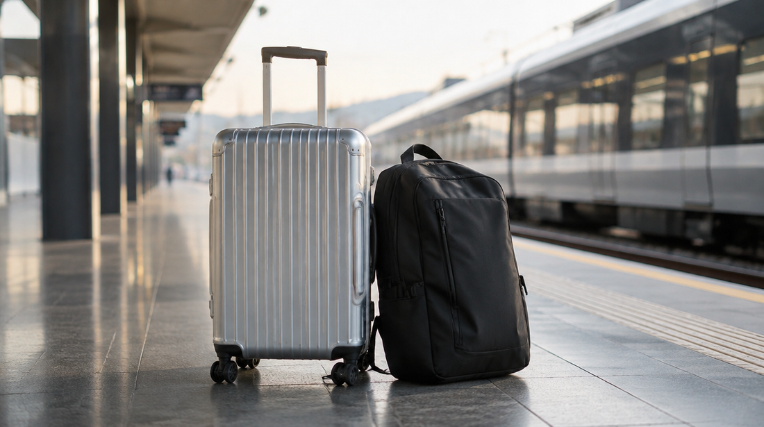 Valise en aluminium et sac à dos de voyage côte à côte sur un quai de gare