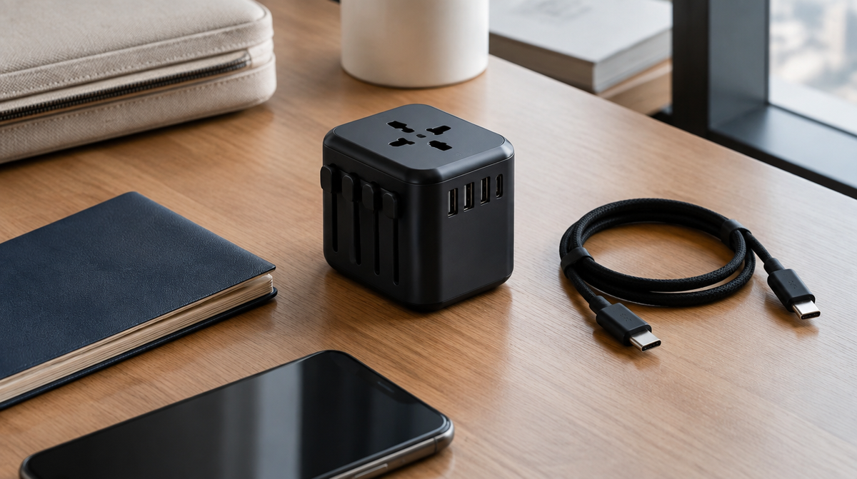 Universal travel adaptor and USB-C cables on a hotel desk beside a passport